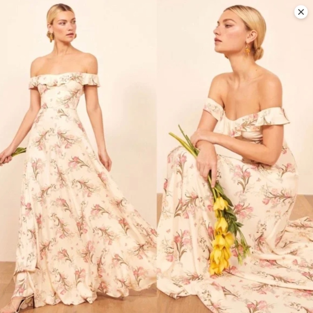 Reformation Verbena Maxi Dress 2 Leila Floral Ruffle Neckline Ivory Pink Cottage